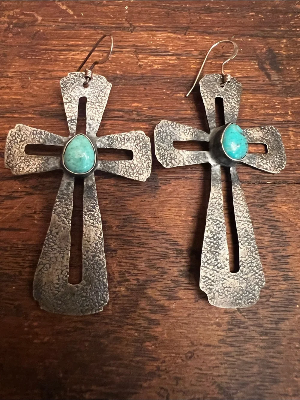 Sterling Silver Genuine Turquoise Cross Dangle Earrings | Hammered Oxidized